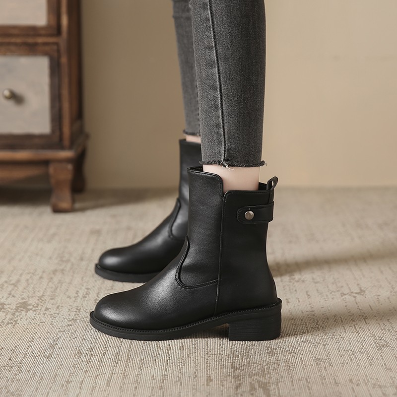 British style soft leather Martin boots for women in autumn and winter round toe simple thick heel single boot side zipper large size short boots - Image 4
