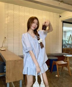 Real shot~ Design-sensual niche strap short-sleeved shirt for women in summer meat-covered skirt top two-piece set