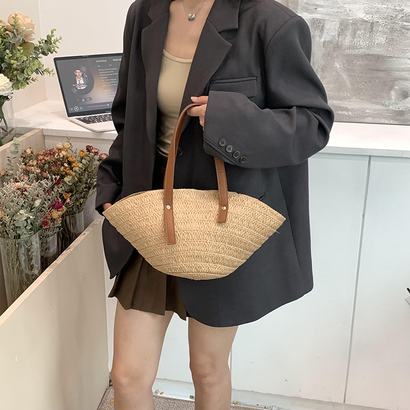 Pastoral grass weaving bag summer vacation lightweight beach bag one-shoulder armpit bag tote women's bag - Image 2