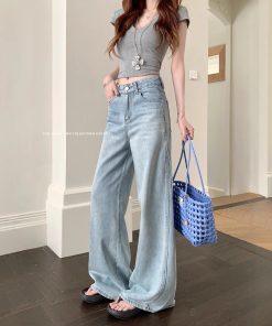 Real shot of summer high-waisted slim spliced ​​denim girls high-waisted loose wide-leg trousers