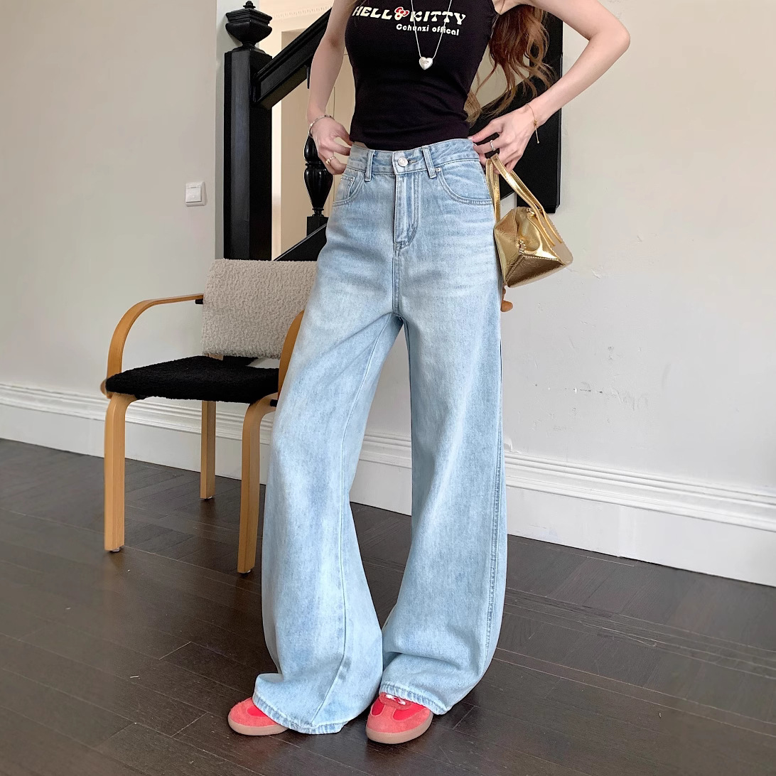 Real shot of summer high-waisted slim spliced denim girls high-waisted loose wide-leg trousers - Image 2