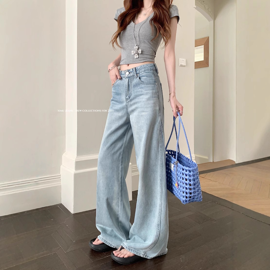 Real shot of summer high-waisted slim spliced denim girls high-waisted loose wide-leg trousers - Image 5