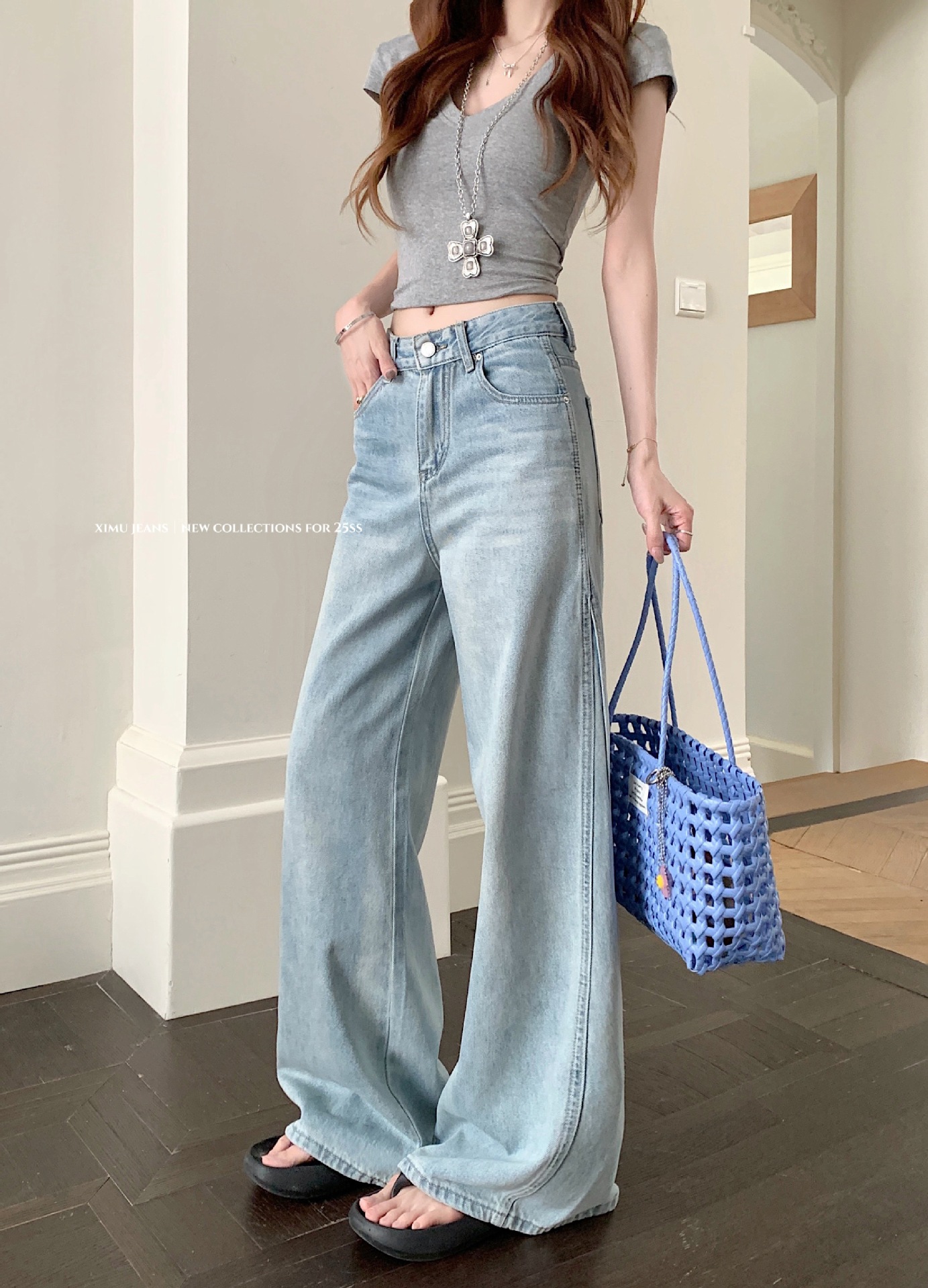 Real shot of summer high-waisted slim spliced denim girls high-waisted loose wide-leg trousers - Image 6