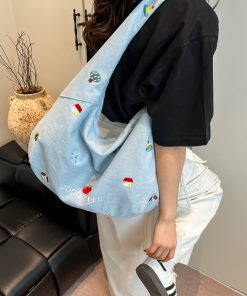 Korean embroidered denim crossbody bag for women niche large capacity commuting one-shoulder tote bag