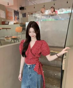 Real photos of summer French collar puff short-sleeved straps waist-hugging and slimming red love polka dot shirt top