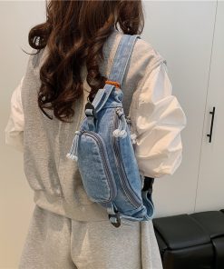 Hong Kong style retro denim waist bag breast bag men and women large capacity fashionable literary student versatile mobile phone crossbody shoulder bag