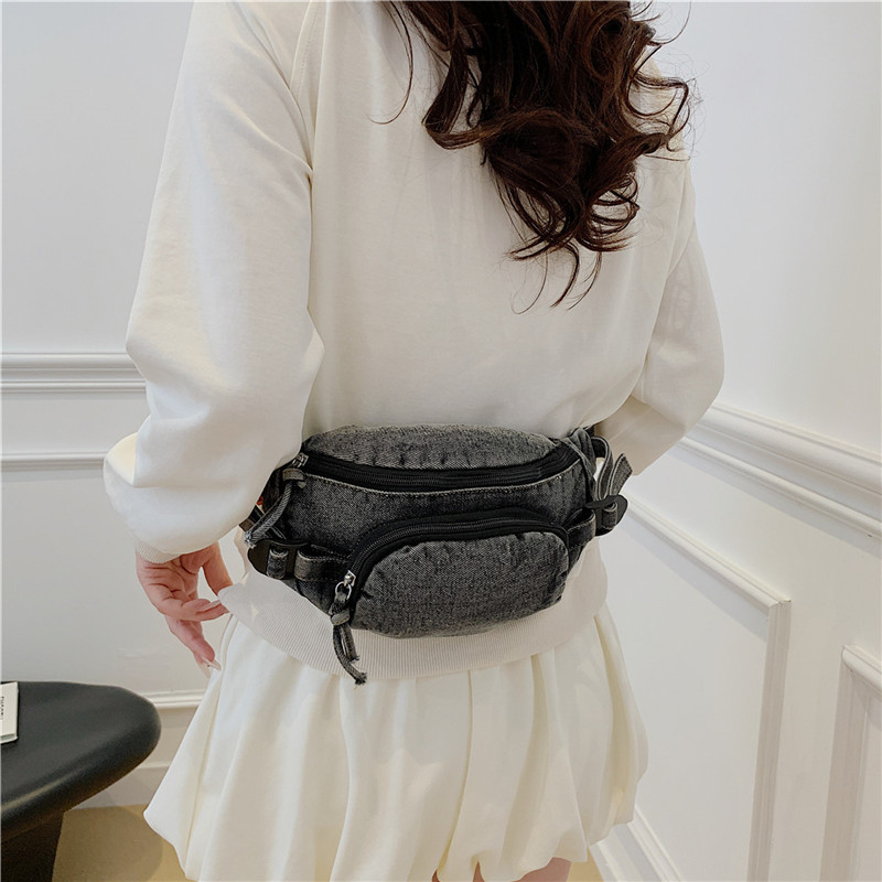 Hong Kong style retro denim waist bag breast bag men and women large capacity fashionable literary student versatile mobile phone crossbody shoulder bag - Image 2