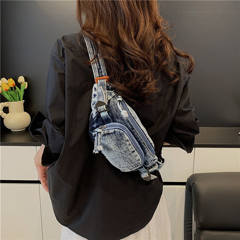 Hong Kong style retro denim waist bag breast bag men and women large capacity fashionable literary student versatile mobile phone crossbody shoulder bag - Image 3