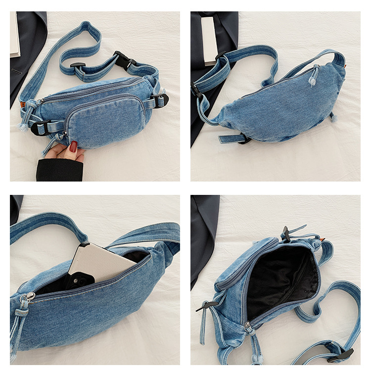 Hong Kong style retro denim waist bag breast bag men and women large capacity fashionable literary student versatile mobile phone crossbody shoulder bag - Image 4
