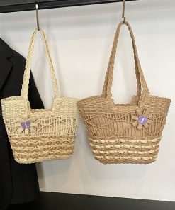 Woven straw shoulder bag versatile large capacity tote bag with lining hollow wave ripples summer beach women's bag