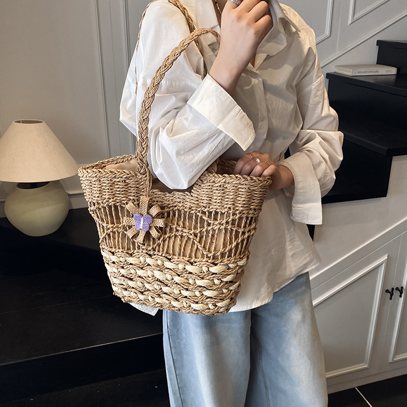 Woven straw shoulder bag versatile large capacity tote bag with lining hollow wave ripples summer beach women's bag - Image 3