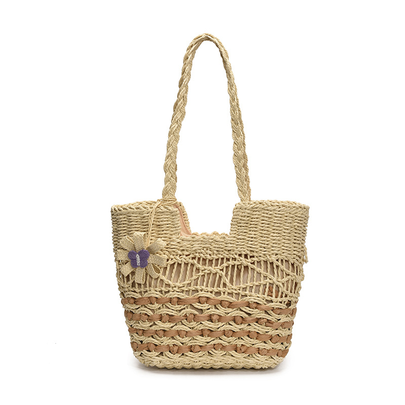 Woven straw shoulder bag versatile large capacity tote bag with lining hollow wave ripples summer beach women's bag - Image 7