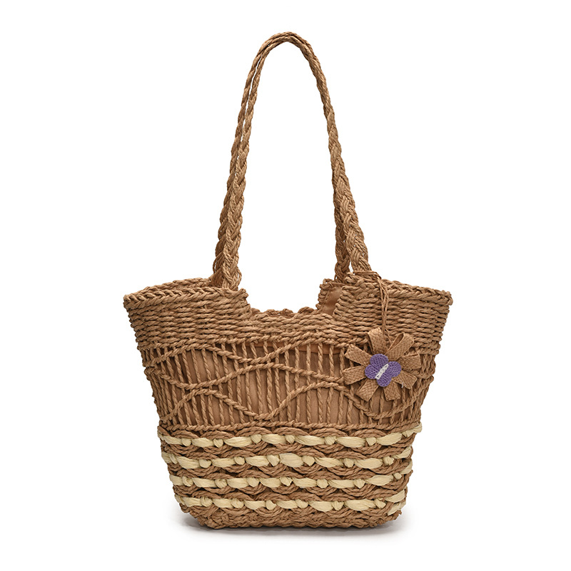 Woven straw shoulder bag versatile large capacity tote bag with lining hollow wave ripples summer beach women's bag - Image 8