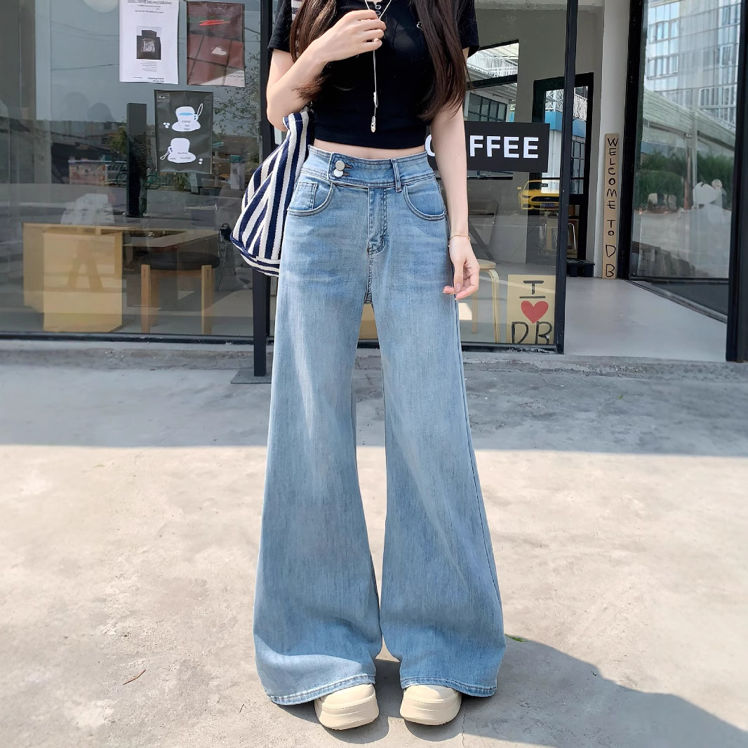 Real photos of summer loose and slightly loose elastic jeans for women's casual and versatile wide-leg trousers