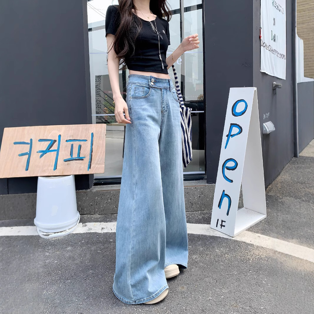 Real photos of summer loose and slightly loose elastic jeans for women's casual and versatile wide-leg trousers - Image 3