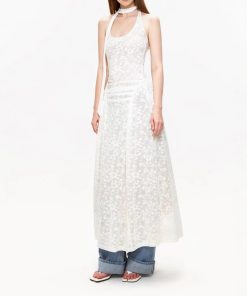 Micro-transparent jacquard dress American hot girl sleeveless high-end vacation style halter neck floral layered long skirt