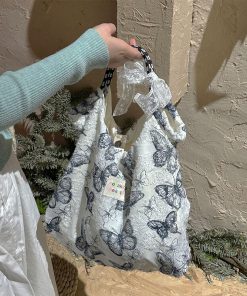 Forest Chinese style canvas handbag shoulder bag fairy lace butterfly student satin tote bag