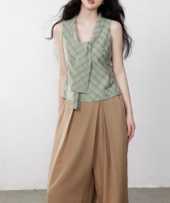 Yuzhi Green checkered temperament tie-fitting vest waistband to make you look thinner summer high-end sleeveless top