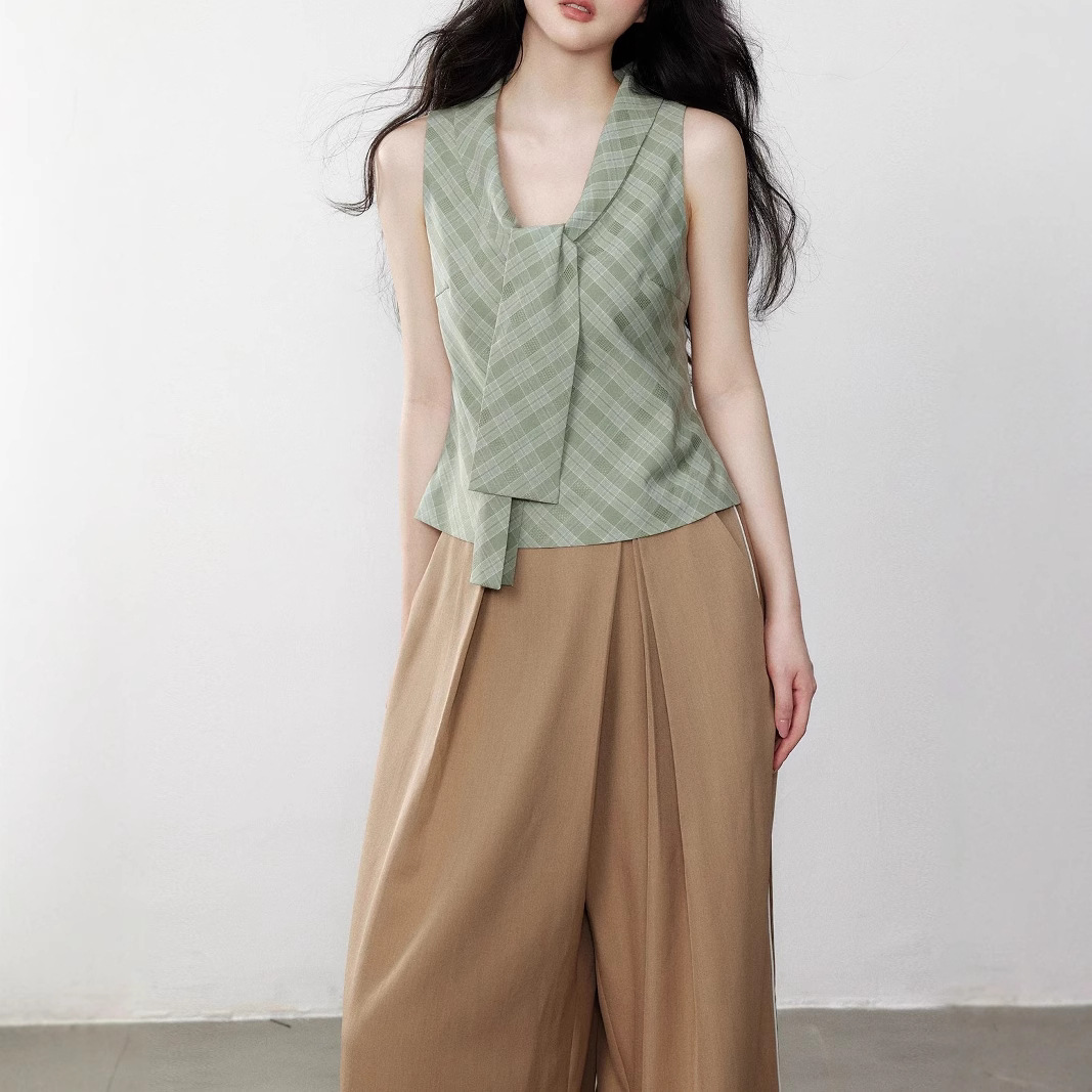 Yuzhi Green checkered temperament tie-fitting vest waistband to make you look thinner summer high-end sleeveless top