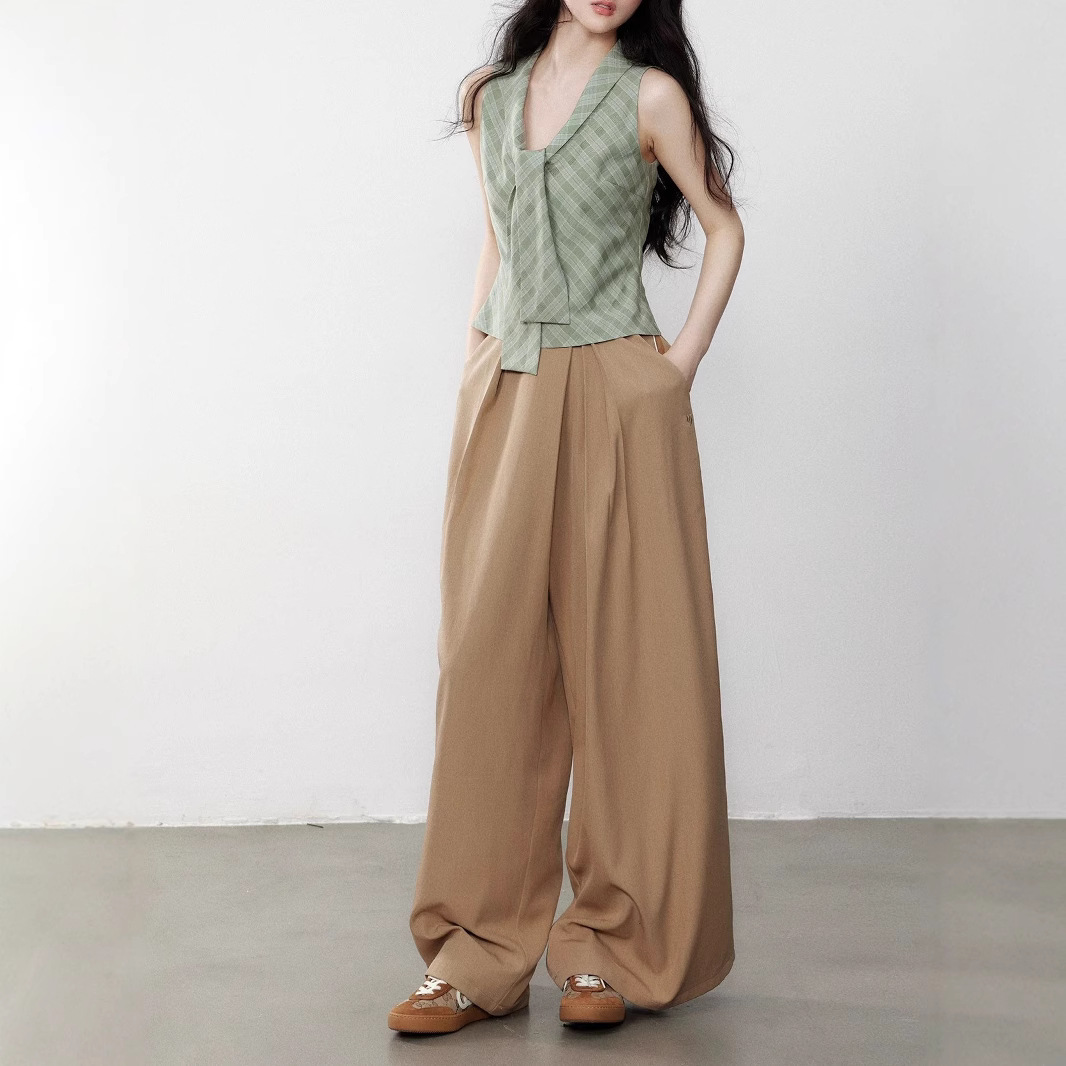 Yuzhi Green checkered temperament tie-fitting vest waistband to make you look thinner summer high-end sleeveless top - Image 3