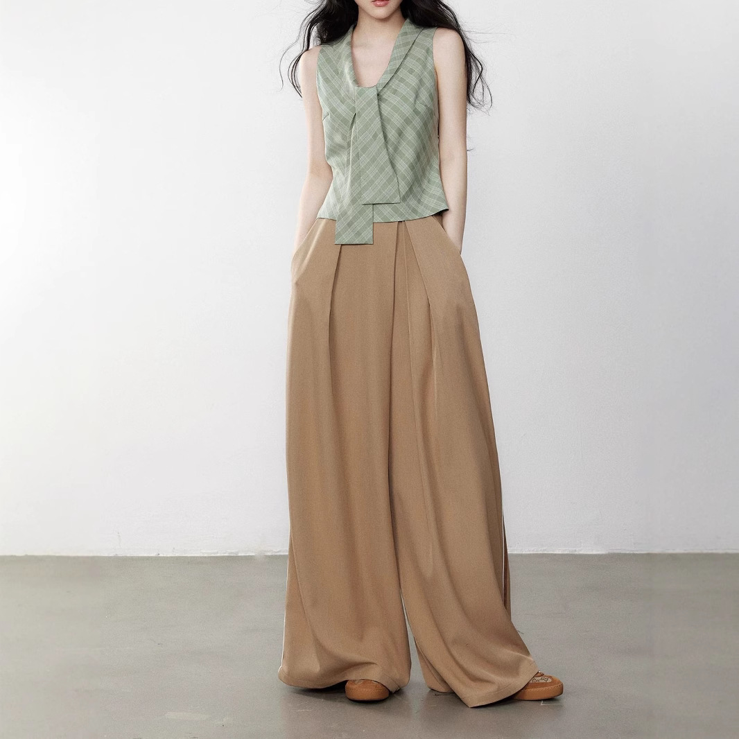 Yuzhi Green checkered temperament tie-fitting vest waistband to make you look thinner summer high-end sleeveless top - Image 5