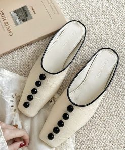 French design niche pearl button square-toe half-slippers for women wearing temperament and blond slippers for one foot