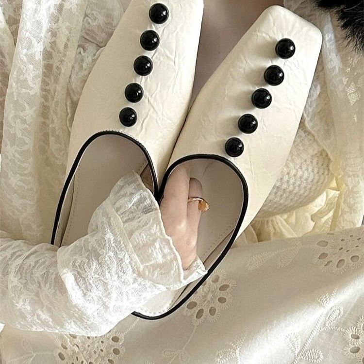 French design niche pearl button square-toe half-slippers for women wearing temperament and blond slippers for one foot - Image 2