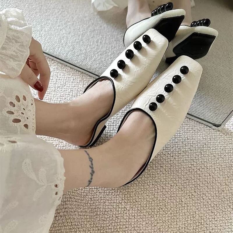 French design niche pearl button square-toe half-slippers for women wearing temperament and blond slippers for one foot - Image 3