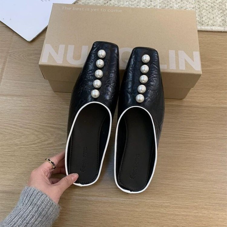 French design niche pearl button square-toe half-slippers for women wearing temperament and blond slippers for one foot - Image 5