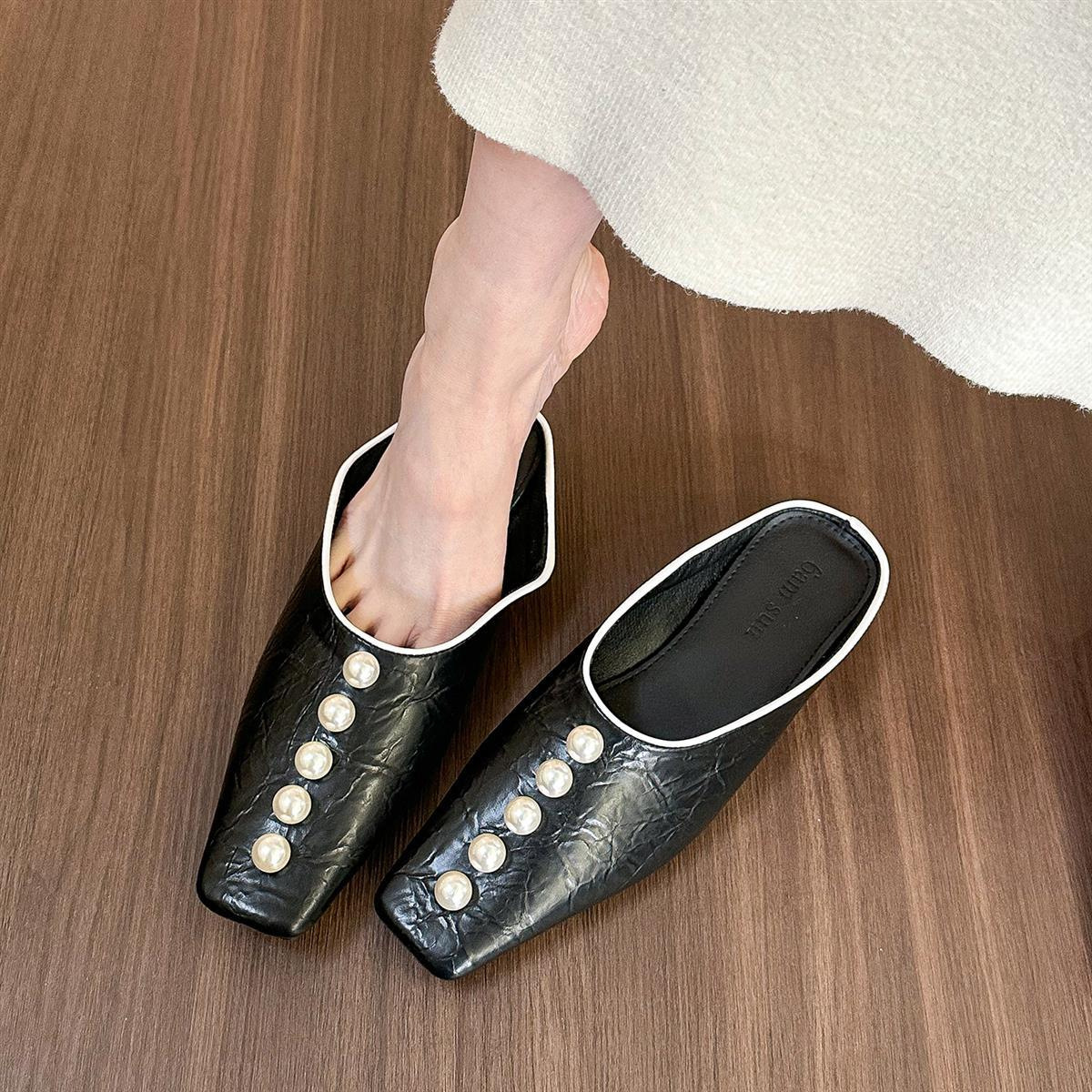 French design niche pearl button square-toe half-slippers for women wearing temperament and blond slippers for one foot - Image 7