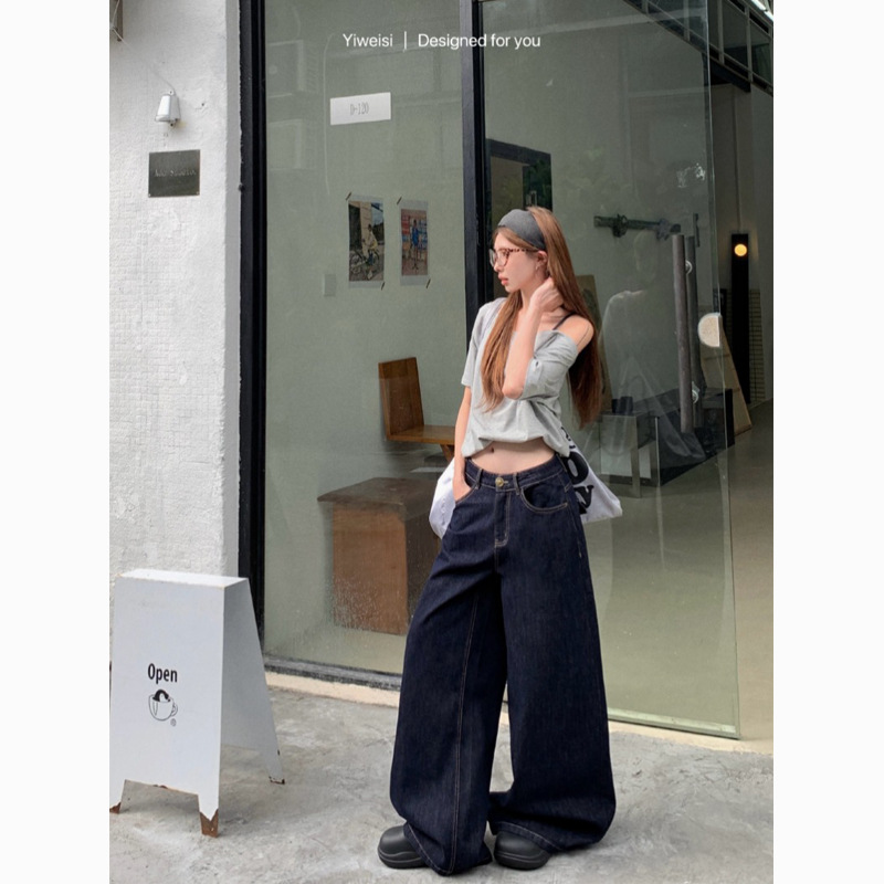 Real-life photo of loose and slimming water washing blue-padded floor jeans for women casual and versatile wide-leg pants - Image 5