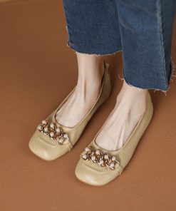 Women's shoes temperament French metal buckle shallow mouth flat grandma shoes simple soft leather single shoes for women