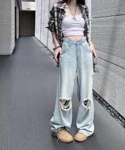 American street ripped jeans women's spring loose casual pants retro nostalgic loose wide-leg pants trousers