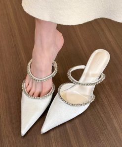 Rhinestone one-line shallow mouth high heels fashionable simple spring and summer pointed toe slim heels mid-heel half slippers for women
