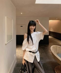 Real photo of summer design off-shoulder mid-sleeved shirt for women with belt