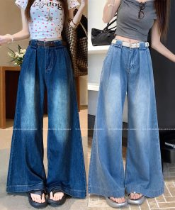 Real photo~ American retro wide-leg jeans for women with high waist loose design floor trousers