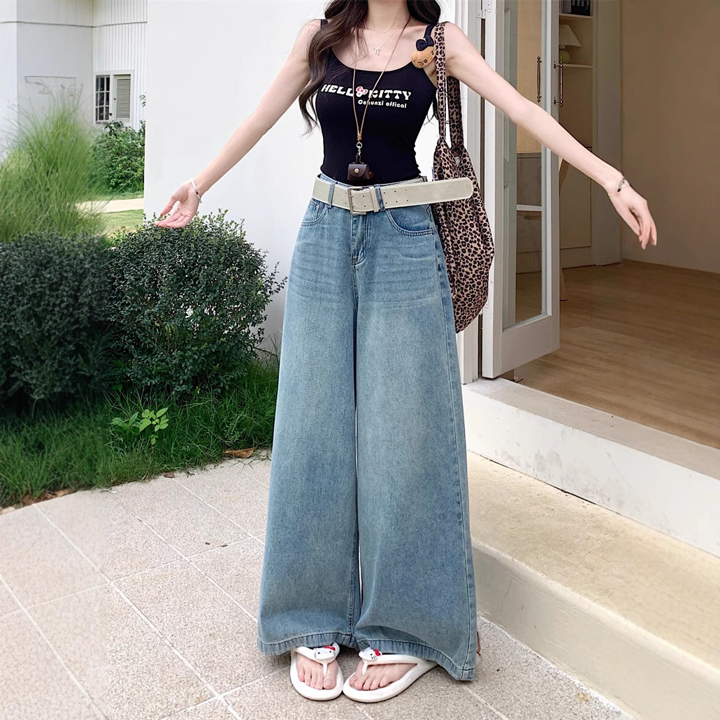 Real shot of retro high waist wide-leg jeans for women in spring and summer loose slim and lazy drooping floor trousers - Image 3