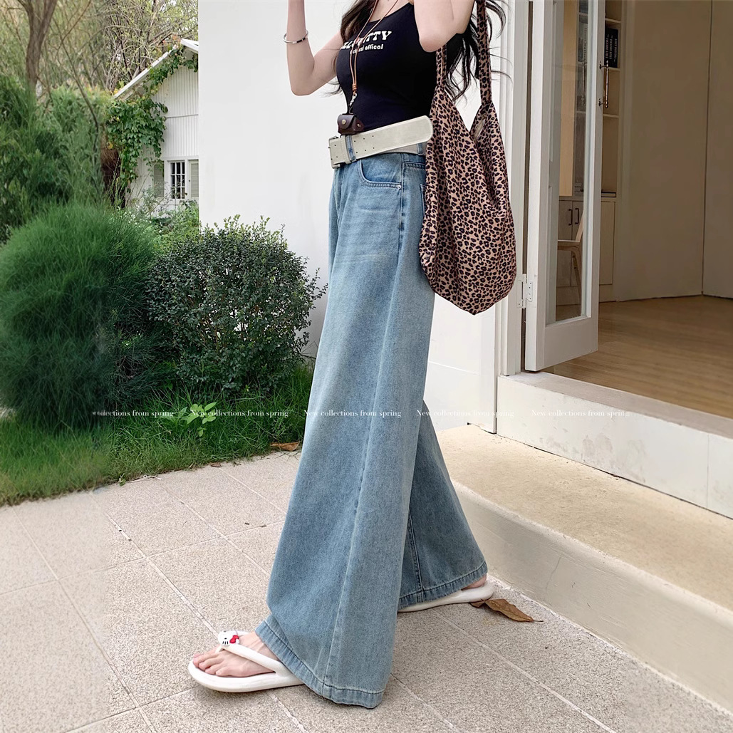 Real shot of retro high waist wide-leg jeans for women in spring and summer loose slim and lazy drooping floor trousers - Image 4