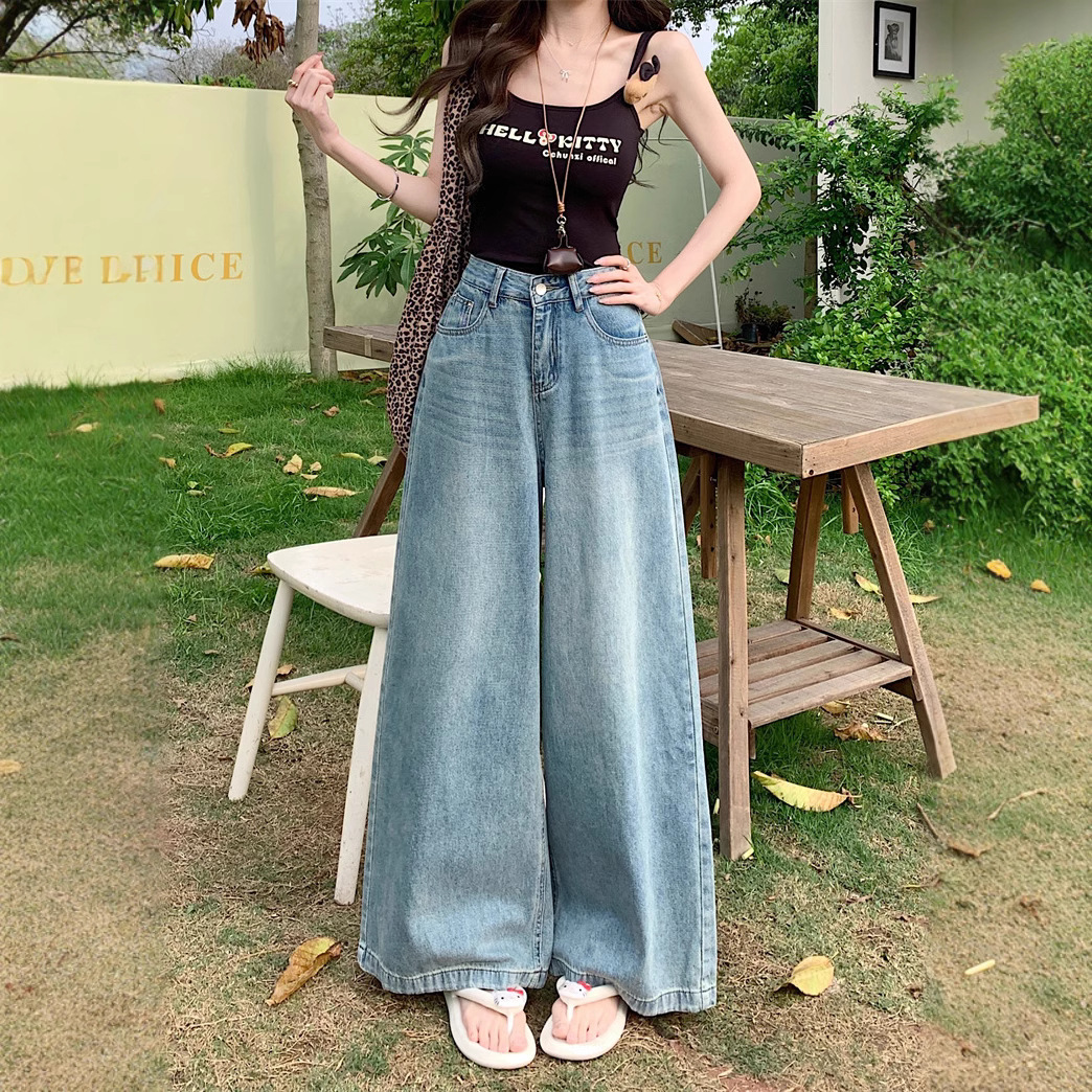 Real shot of retro high waist wide-leg jeans for women in spring and summer loose slim and lazy drooping floor trousers - Image 5