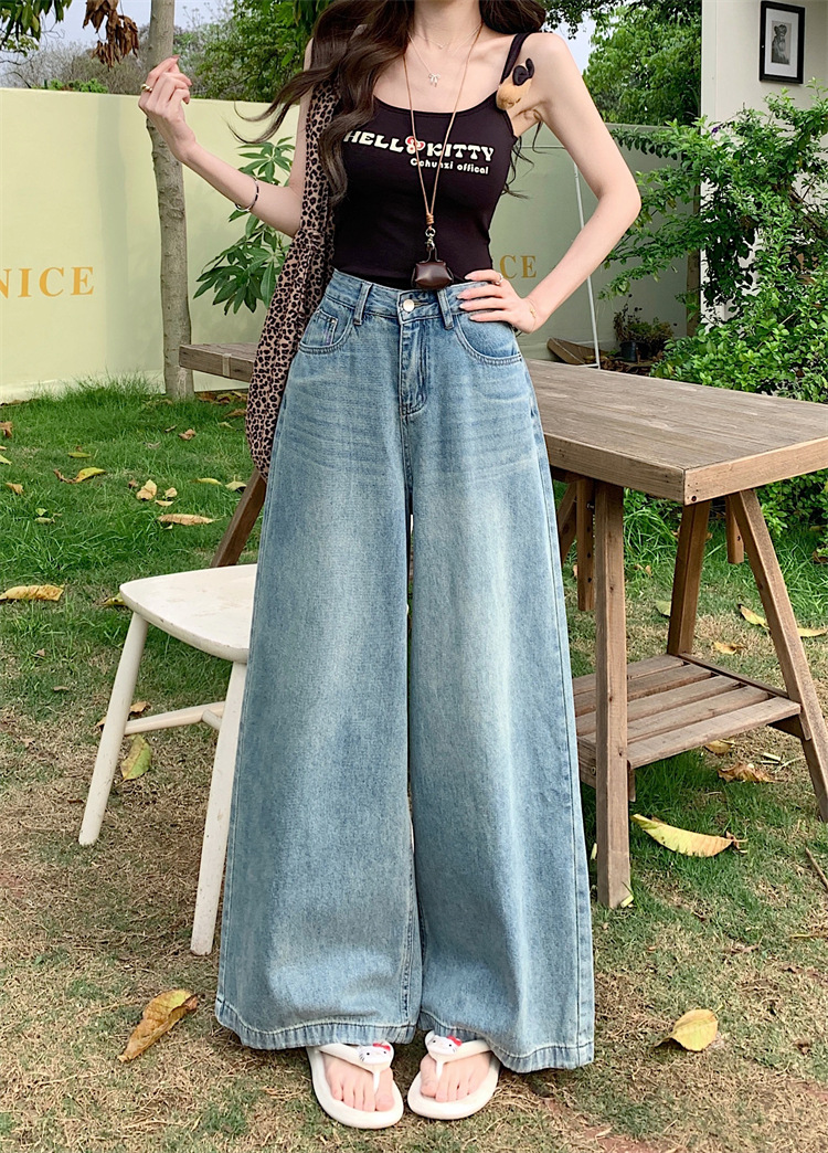 Real shot of retro high waist wide-leg jeans for women in spring and summer loose slim and lazy drooping floor trousers - Image 7