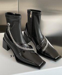Niche design soft leather square toe thick heel short boots for women chain Martin boots trendy cool single boots stretch thin boots