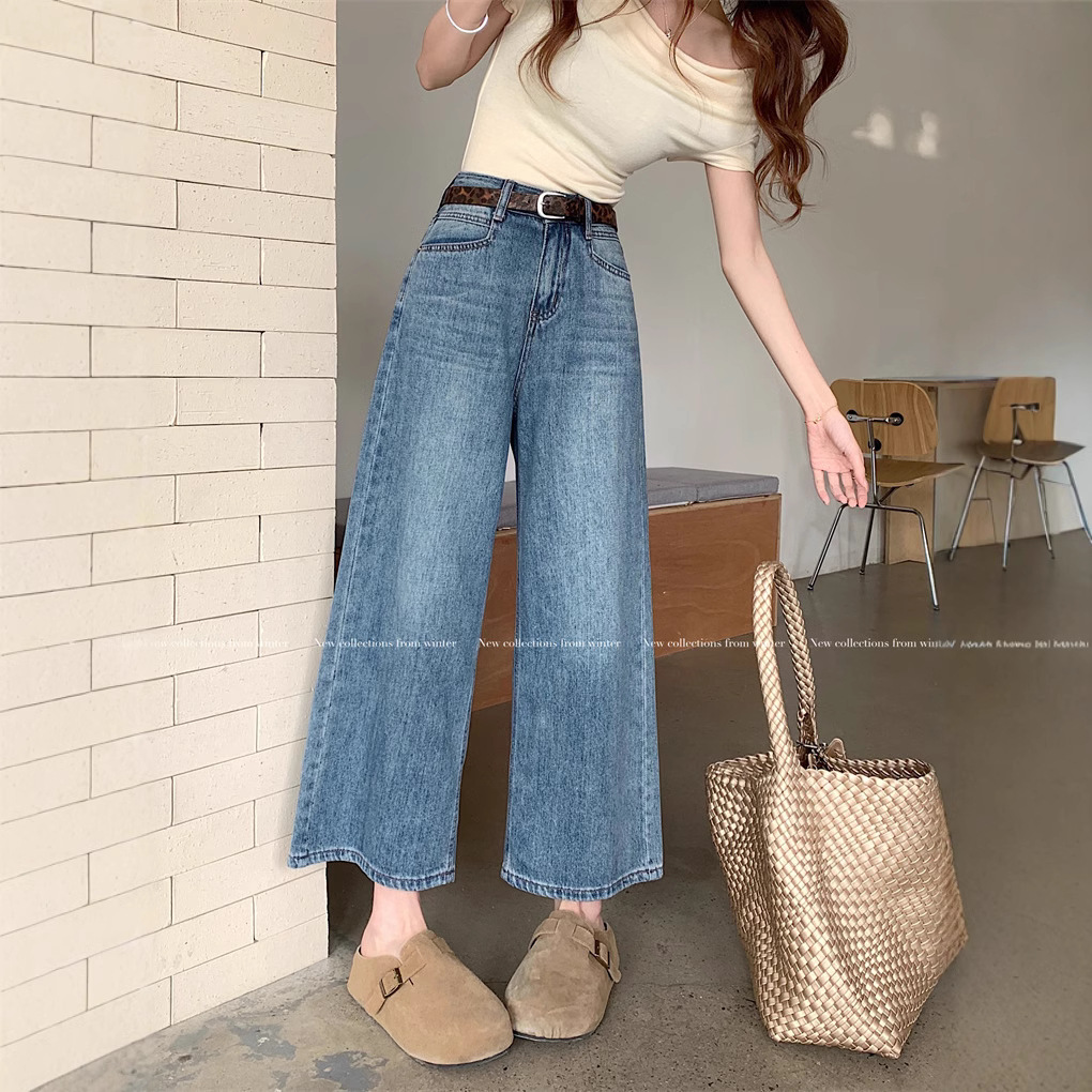 Real shot~ American retro wide-leg jeans for women in spring and summer high-waisted slimming versatile nine-point pants - Image 3