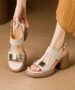 Thick heel sandals for women in summer soft leather high heels casual simple thick sole small height-enhancing shoes