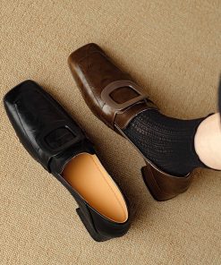 British style retro low heel small leather shoes for women with soft leather autumn square toe deep mouth shoes one foot pedal shoes