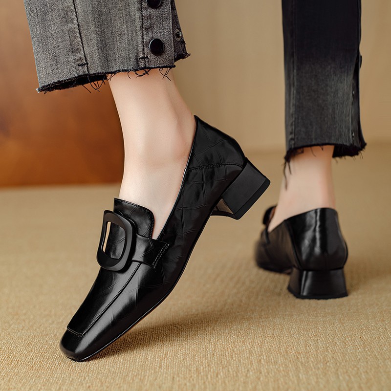 British style retro low heel small leather shoes for women with soft leather autumn square toe deep mouth shoes one foot pedal shoes - Image 2