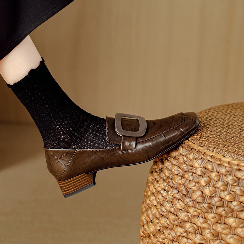 British style retro low heel small leather shoes for women with soft leather autumn square toe deep mouth shoes one foot pedal shoes - Image 3