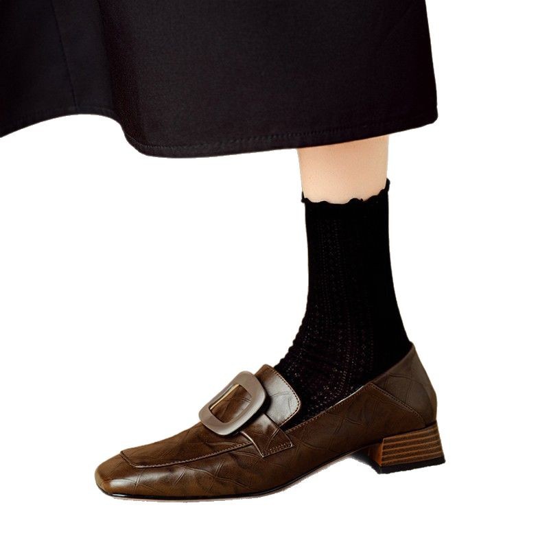 British style retro low heel small leather shoes for women with soft leather autumn square toe deep mouth shoes one foot pedal shoes - Image 5