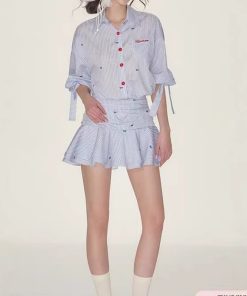 Lapel mid-sleeved waist-hugging shirt skirt blue and white striped dress ruffled pleated skirt