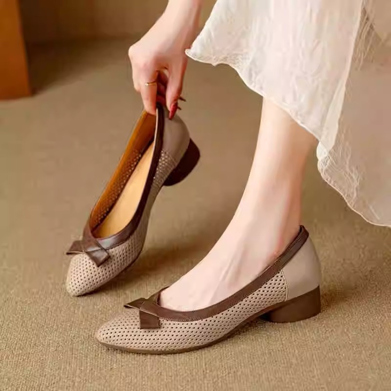 Summer pointed-toe single shoes for women with shallow mouth flat bow fairy style simple soft leather bean dou scoop shoes - Image 2