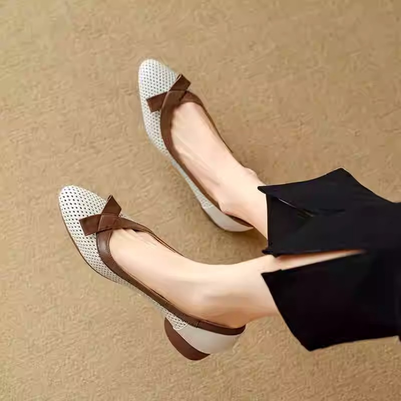 Summer pointed-toe single shoes for women with shallow mouth flat bow fairy style simple soft leather bean dou scoop shoes - Image 3